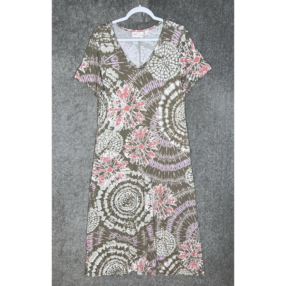 Belle By Kim Gravel Maxi Dress Womens Size M Taupe Coral Stretch Pockets V-Neck